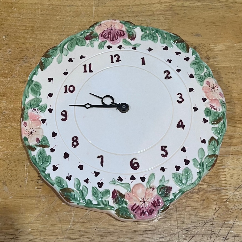 Laura Ashley Ceramic Floral Wall Clock Pink Purple White Embossed‎ 10.5 Inch